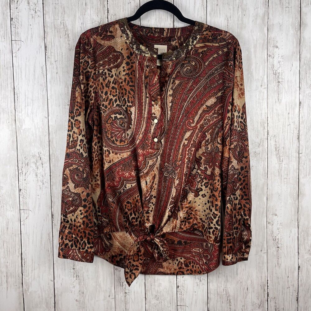 Chicos Top Women 1 US‎ M Multi Animal Paisley Satin Sequin Neck Blouse Tie Hem